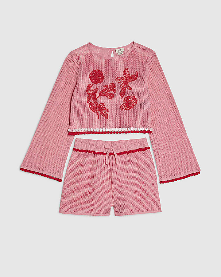 Girls Pink Crochet Shorts Set