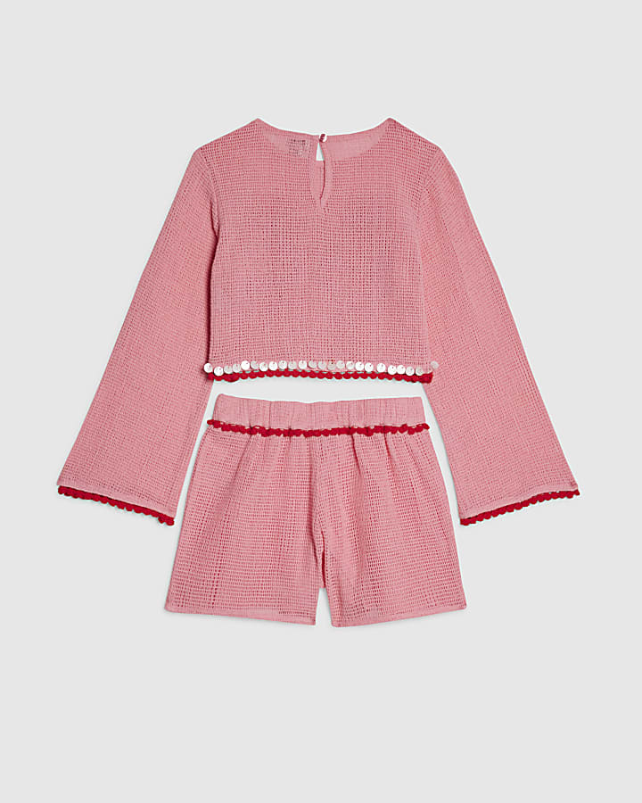 Girls Pink Crochet Shorts Set
