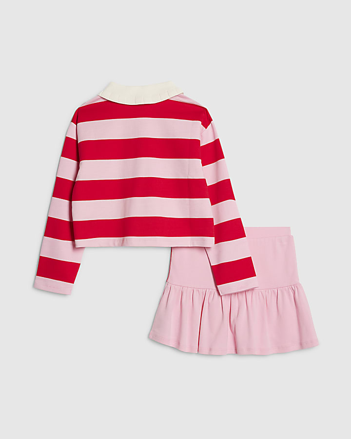 Girls Pink Stripe Polo Top Skort Set
