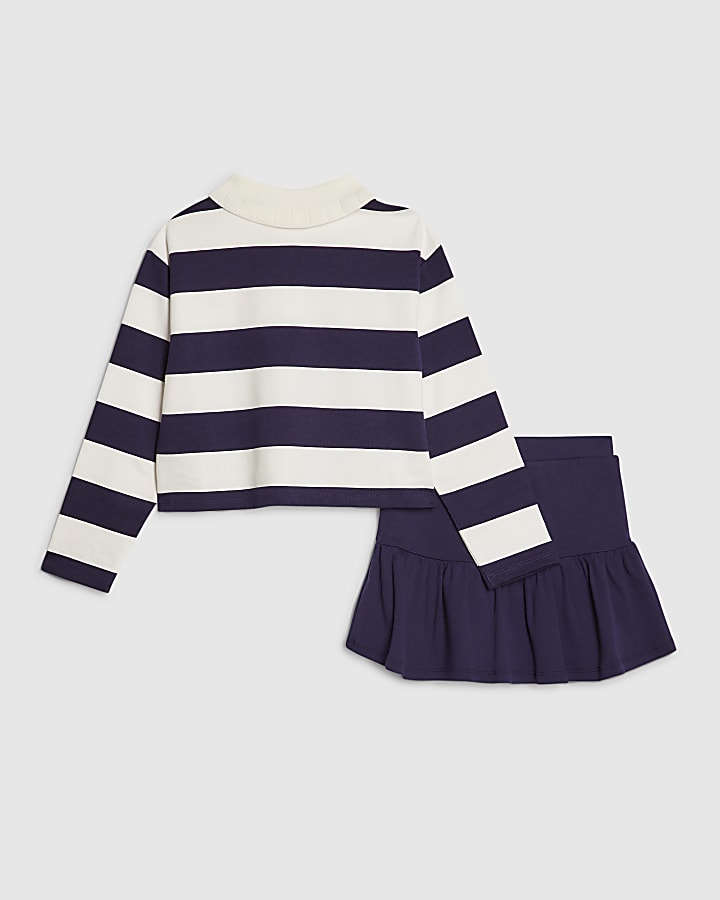 Girls Navy Stripe Polo Shirt And Skort Set