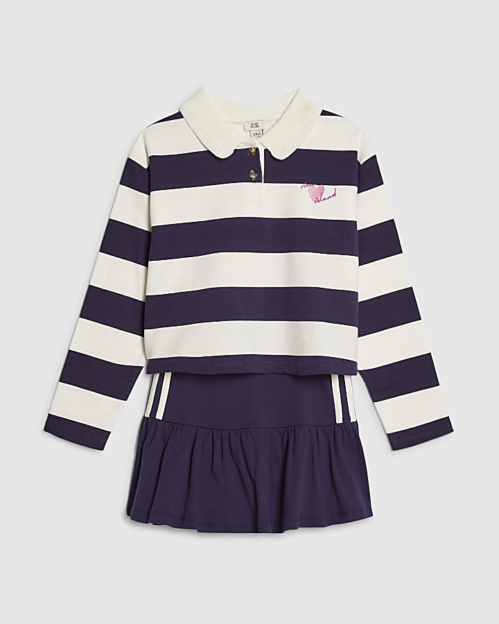 Girls Navy Stripe Polo Shirt And Skort Set