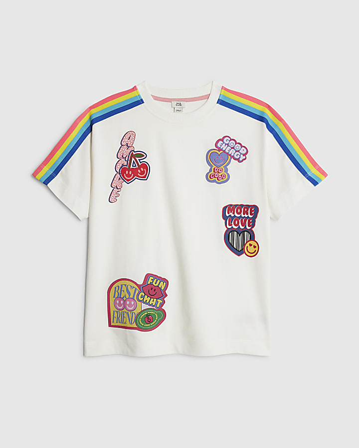 Girls White Badges Rainbow Stripe T-Shirt