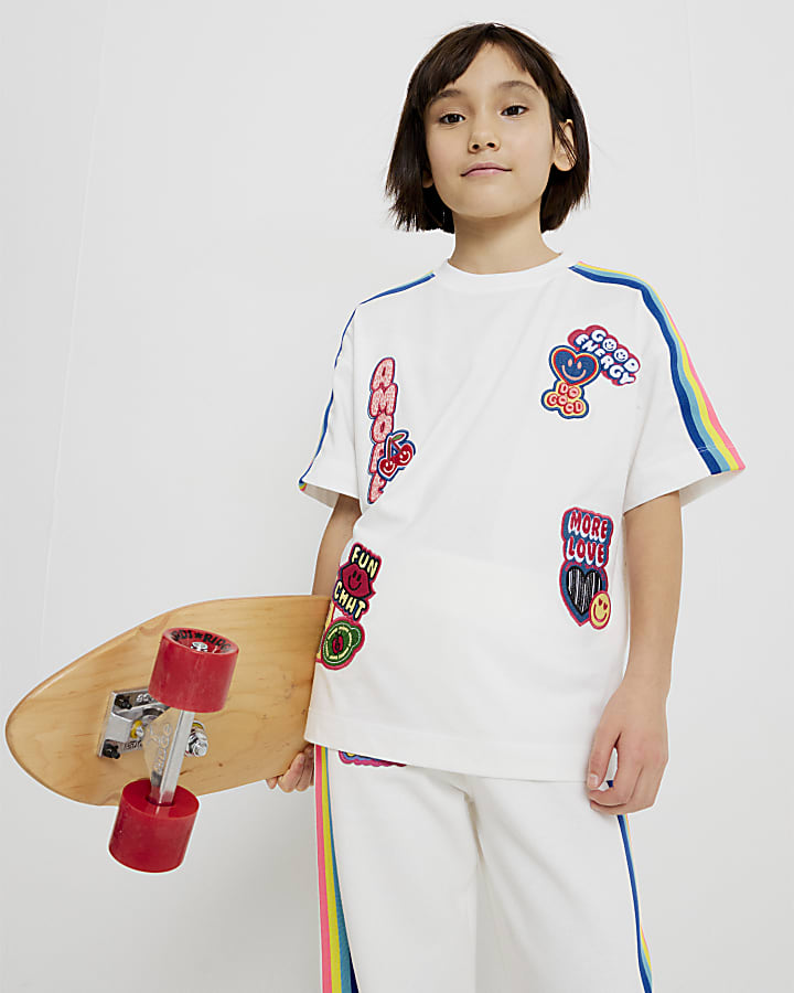 Girls White Badges Rainbow Stripe T-Shirt