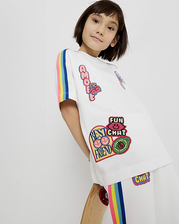 Girls White Badges Rainbow Stripe T-Shirt
