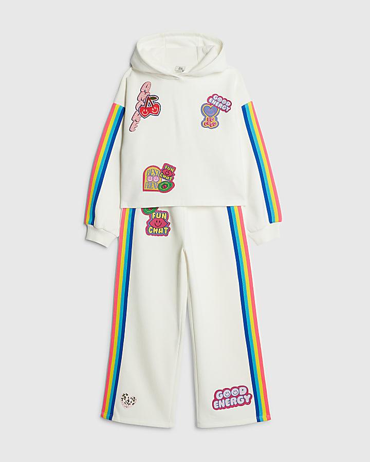 Girls White Badge Hoodie Tracksuit Set