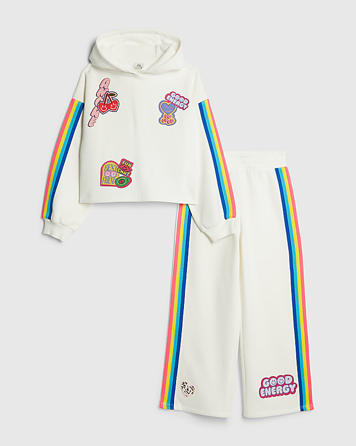 Girls White Badge Hoodie Tracksuit Set