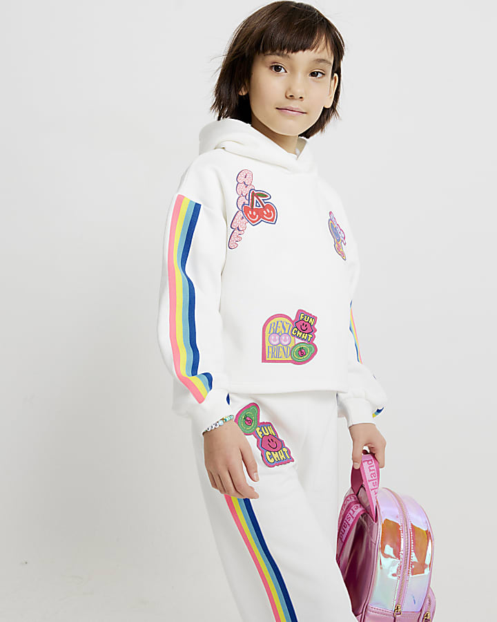 Girls White Badge Hoodie Tracksuit Set