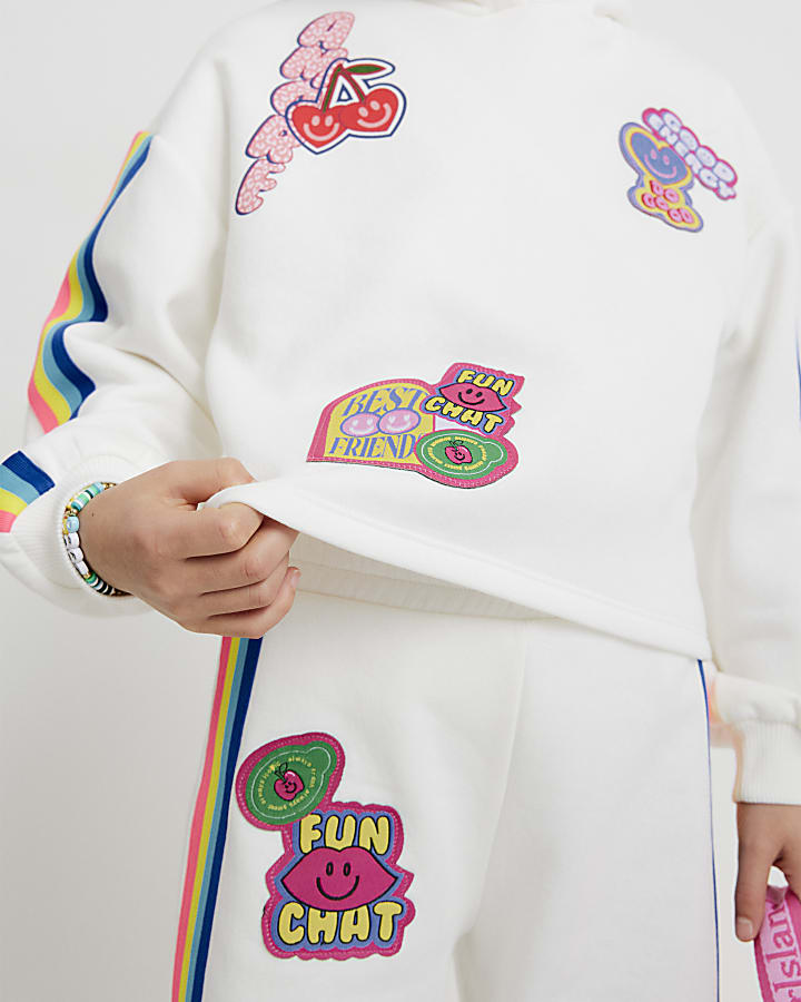 Girls White Badge Hoodie Tracksuit Set