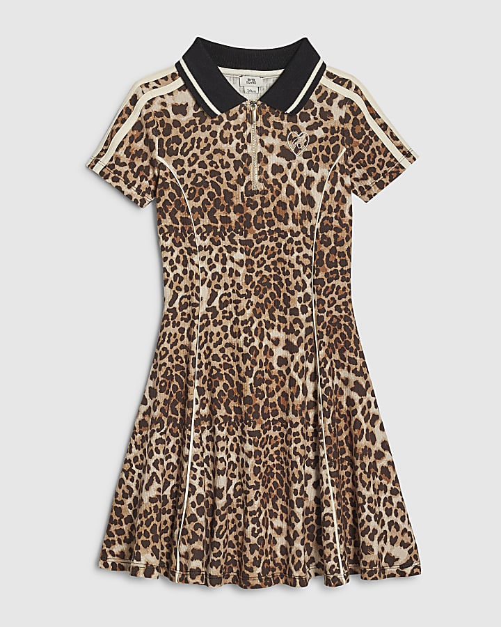 Girls Brown Leopard Print Polo Dress