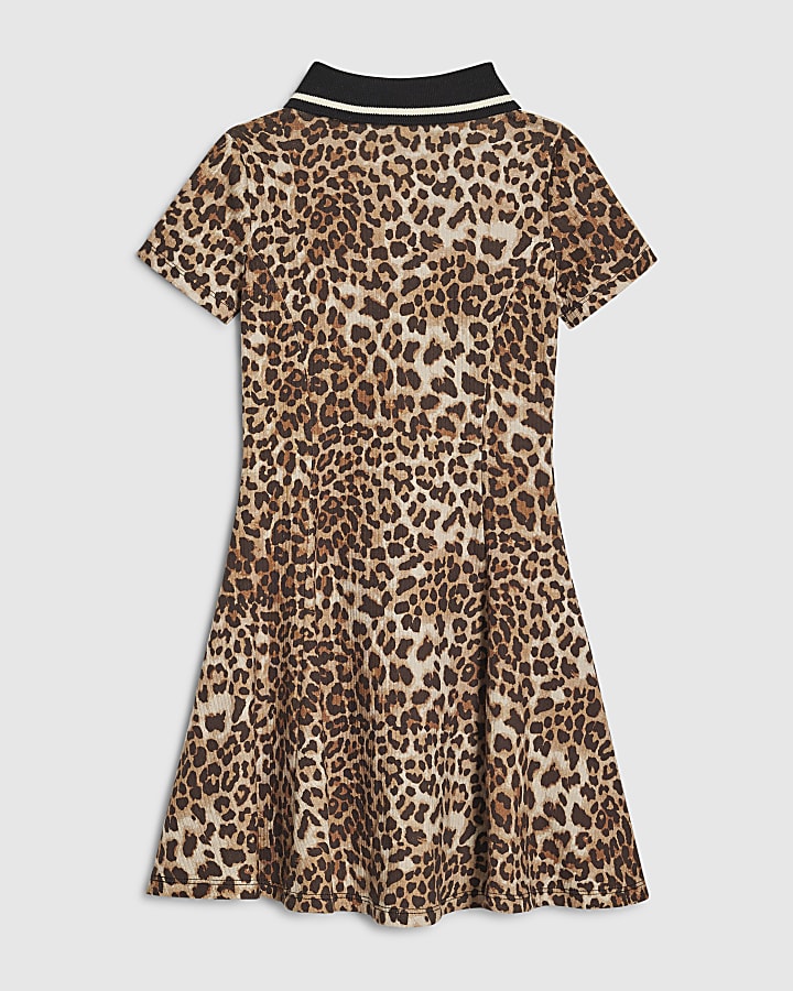 Girls Brown Leopard Print Polo Dress