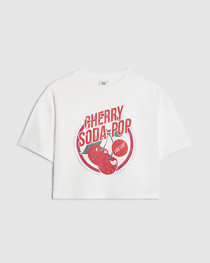 Girls White Cherry Soda Cropped T-Shirt