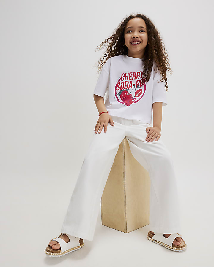 Girls White Cherry Soda Cropped T-Shirt