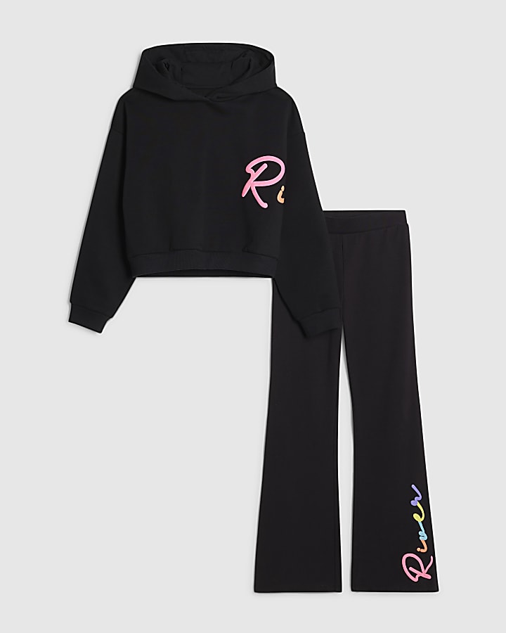 Girls Black River Hoodie And Trousers Set