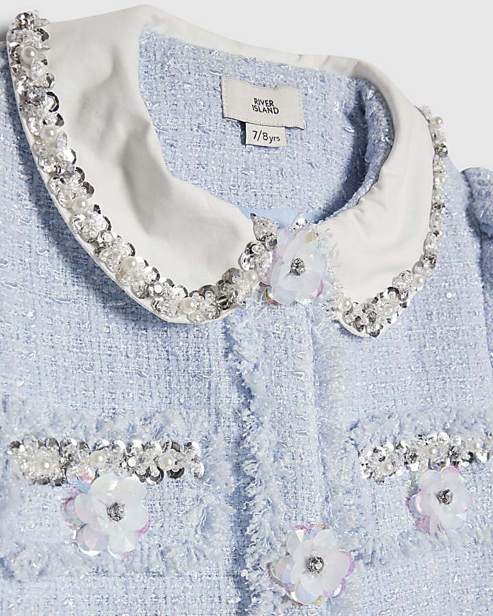 Girls Blue Embellished Boucle Jacket