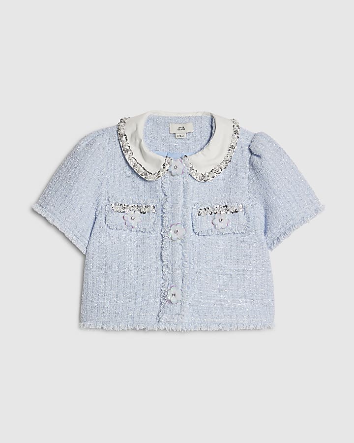 Girls Blue Embellished Boucle Jacket