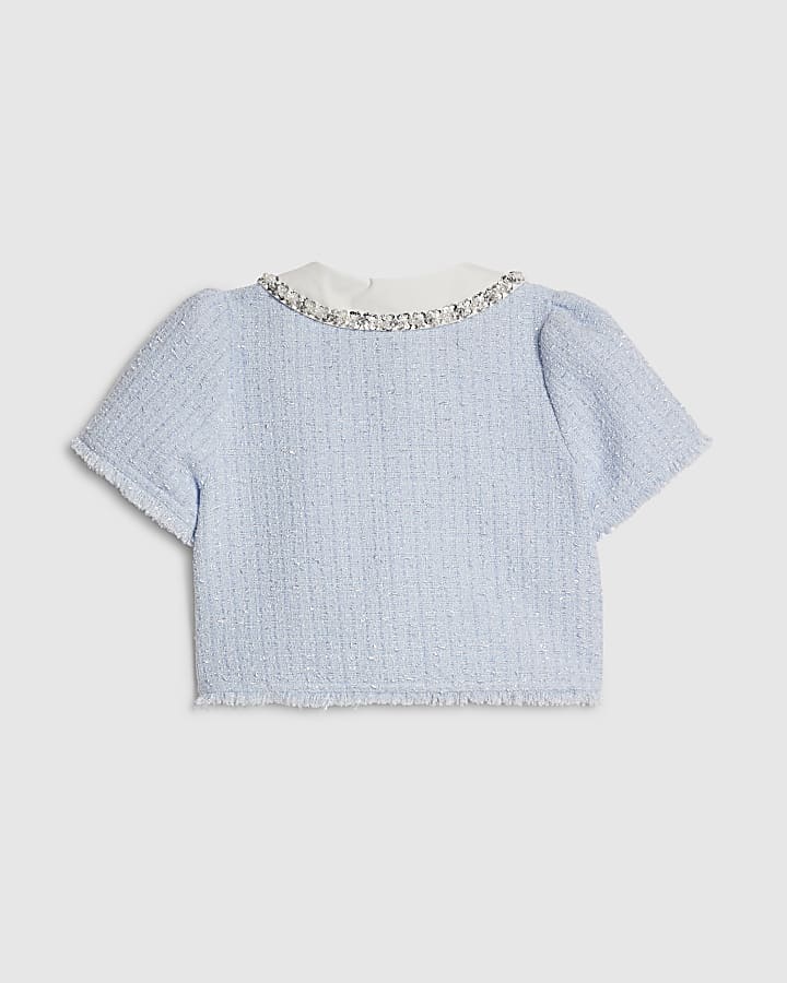 Girls Blue Embellished Boucle Jacket