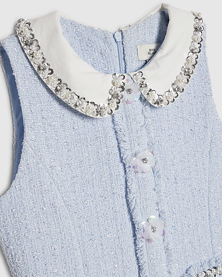 Girls Blue Embellished Collar Boucle Dress