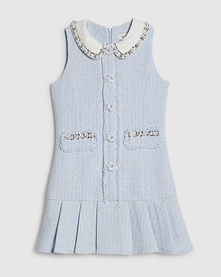 Girls Blue Embellished Collar Boucle Dress
