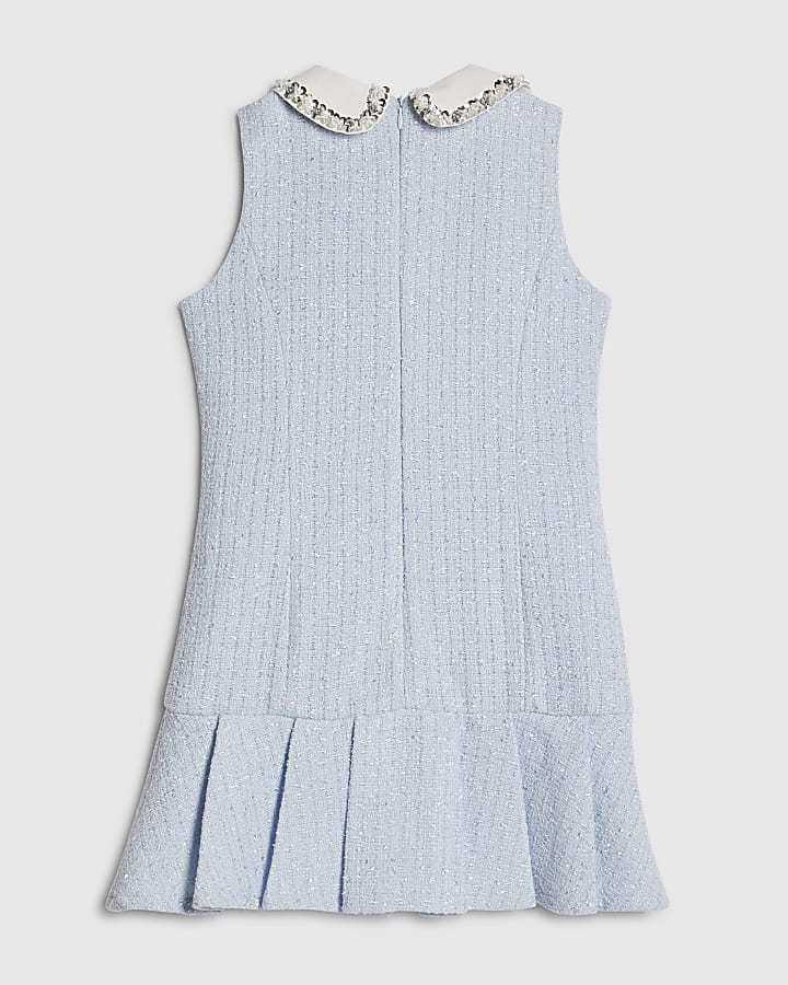 Girls Blue Embellished Collar Boucle Dress