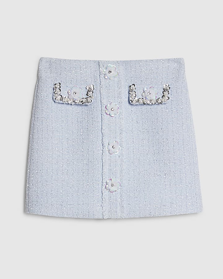 Girls Blue Embellished Boucle Skirt