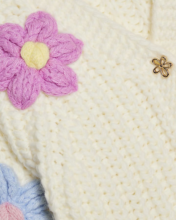 Mini Girls Cream Knitted Flowear Cardigan