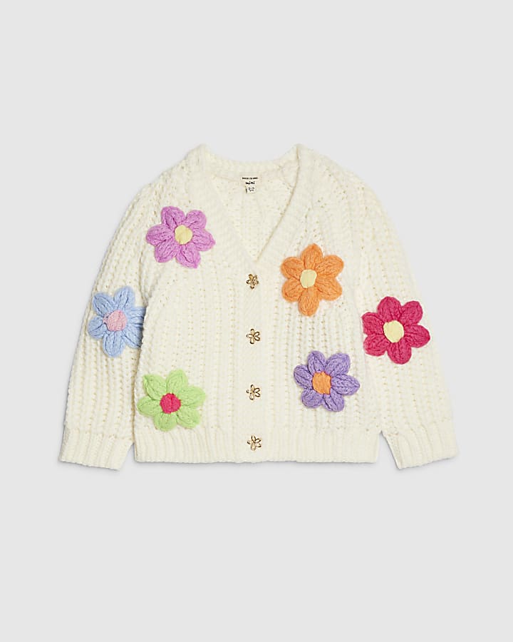 Mini Girls Cream Knitted Flowear Cardigan