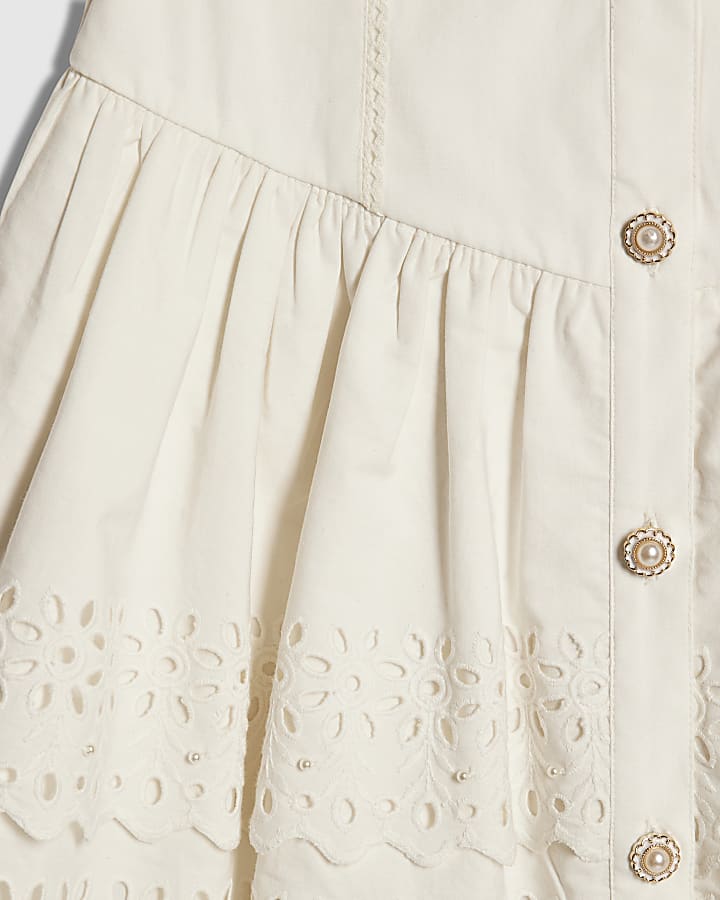 Girls White Dropped Waist Beaded Dress