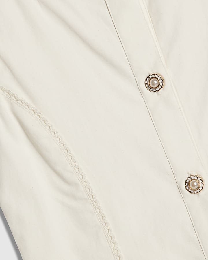 Girls White Dropped Waist Beaded Dress