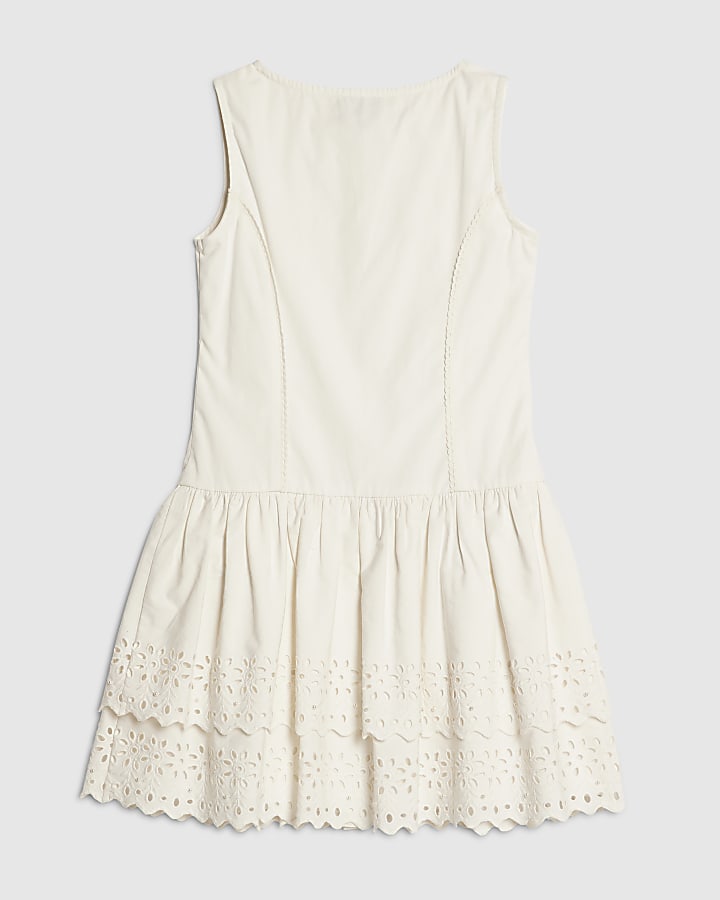 Girls White Dropped Waist Beaded Dress