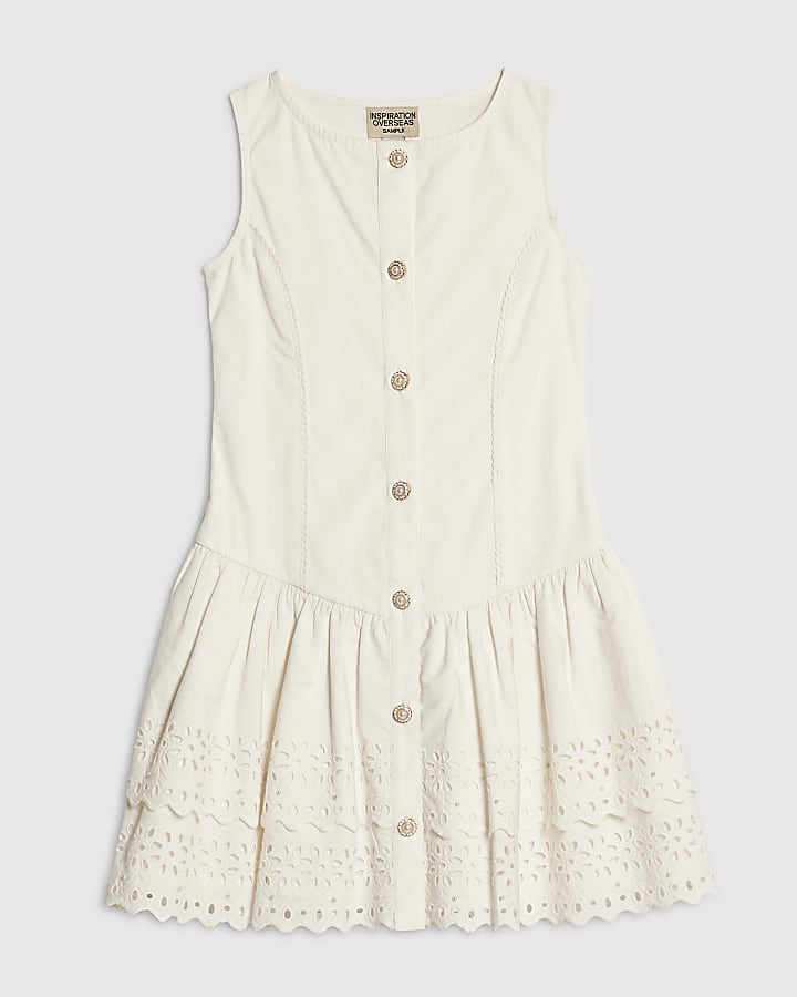 Girls White Dropped Waist Beaded Dress