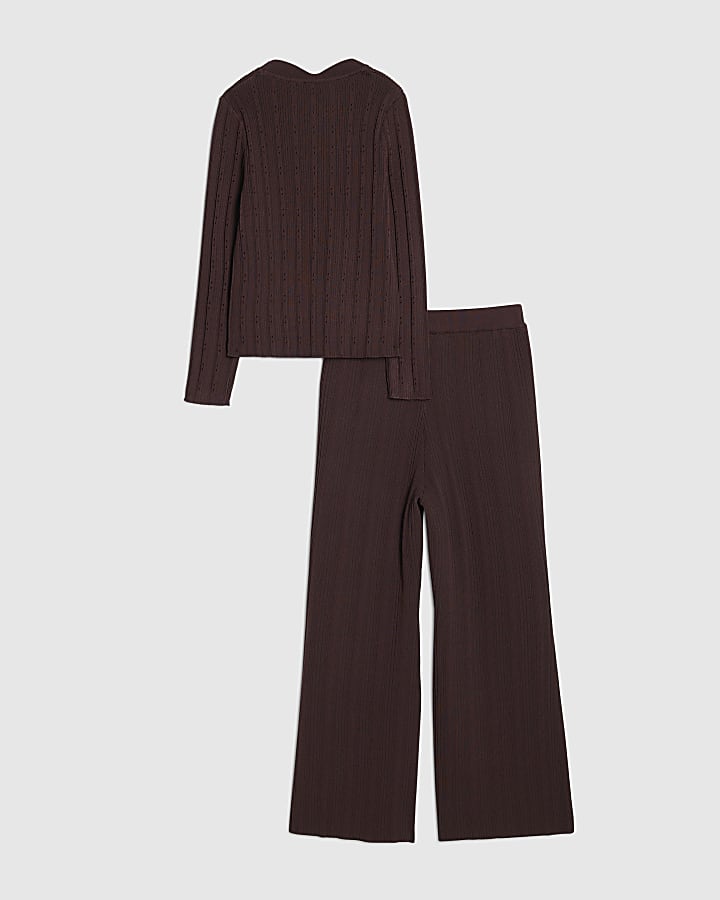 Girls Brown Textured Top And Trousers Set 