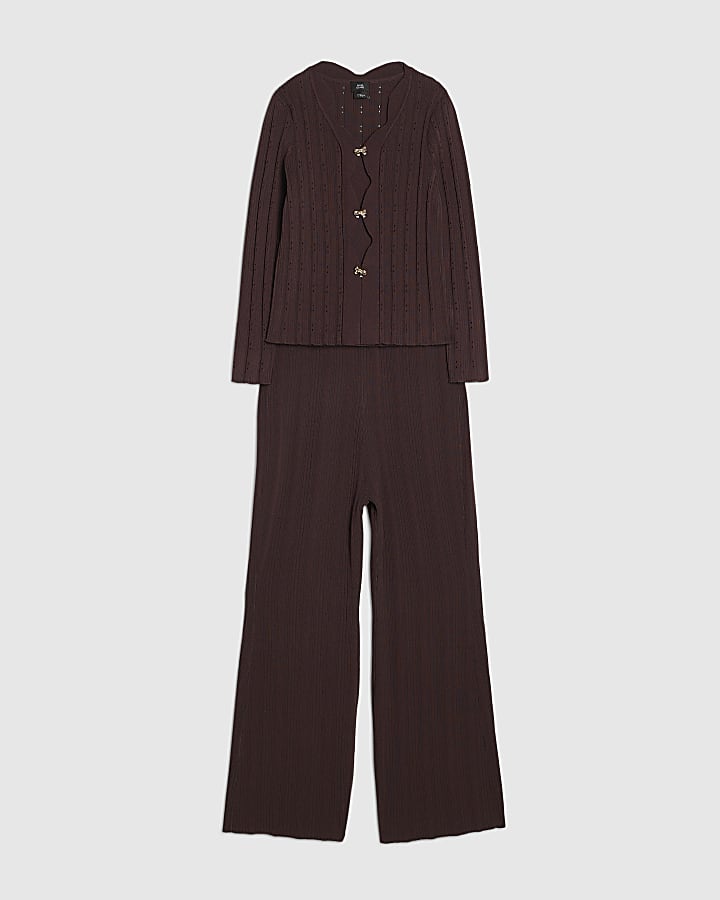 Girls Brown Textured Top And Trousers Set 