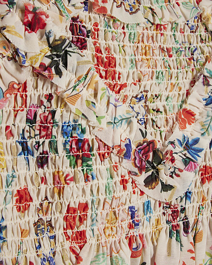 Girls Cream Floral Print Skirt Set