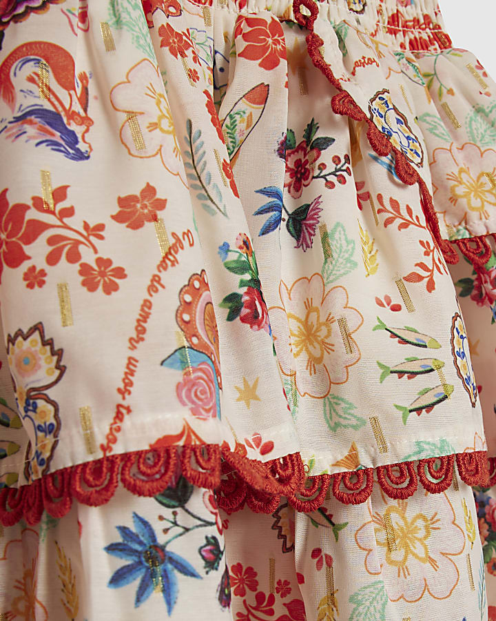 Girls Cream Floral Print Skirt Set