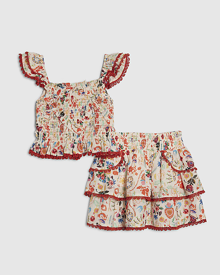 Girls Cream Floral Print Skirt Set