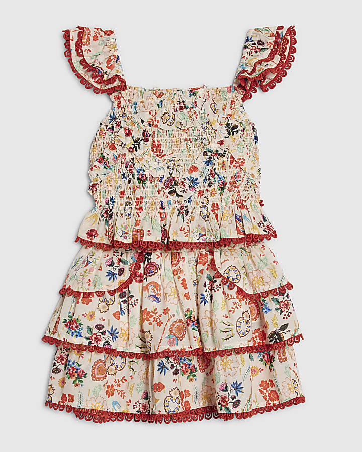 Girls Cream Floral Print Skirt Set