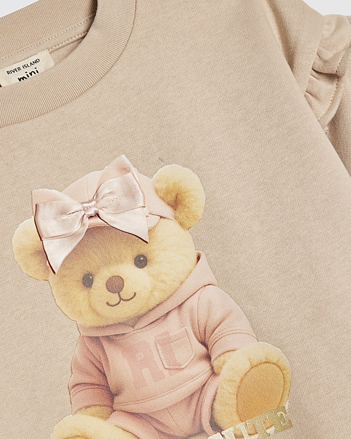 Mini Girls Beige Bow Hat Bear Sweatshirt Set