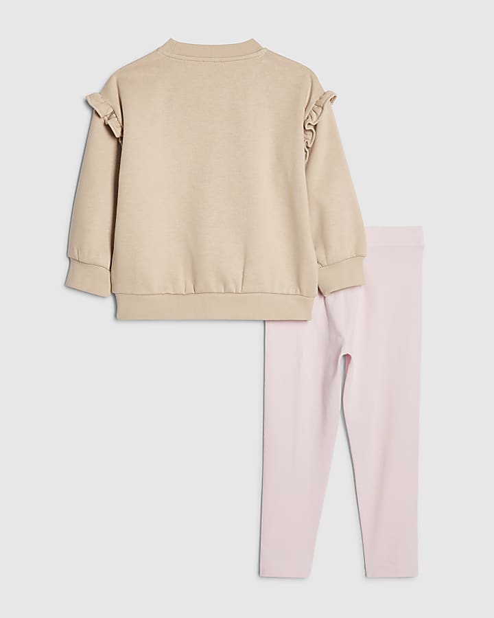 Mini Girls Beige Bow Hat Bear Sweatshirt Set