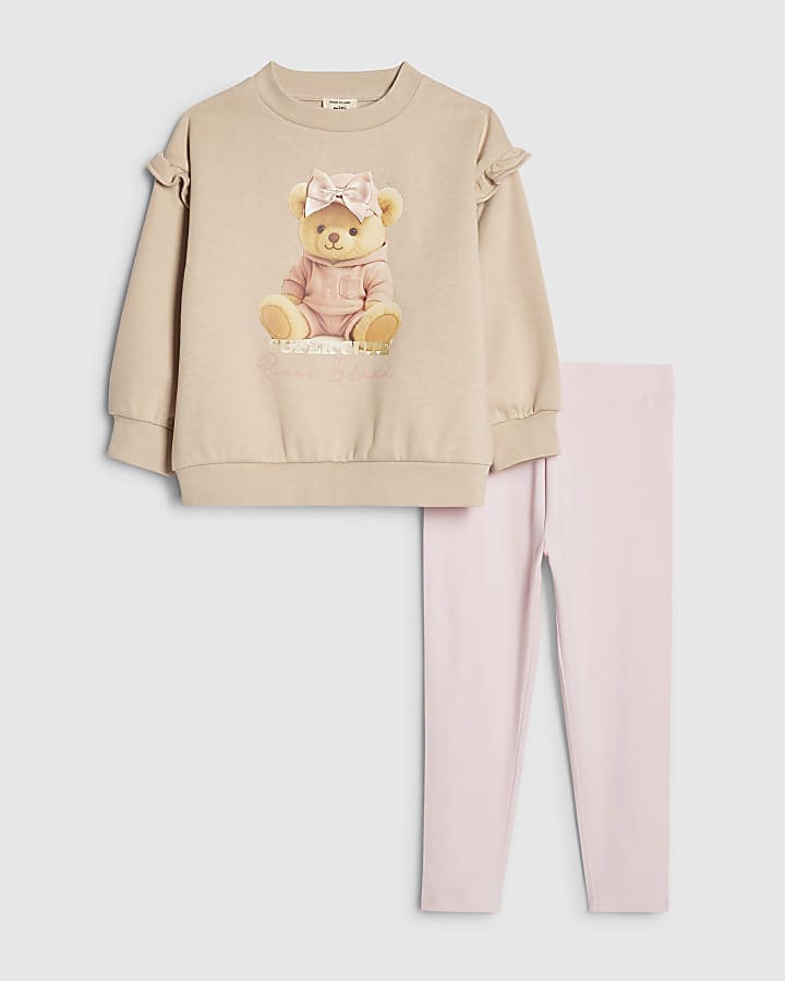 Mini Girls Beige Bow Hat Bear Sweatshirt Set
