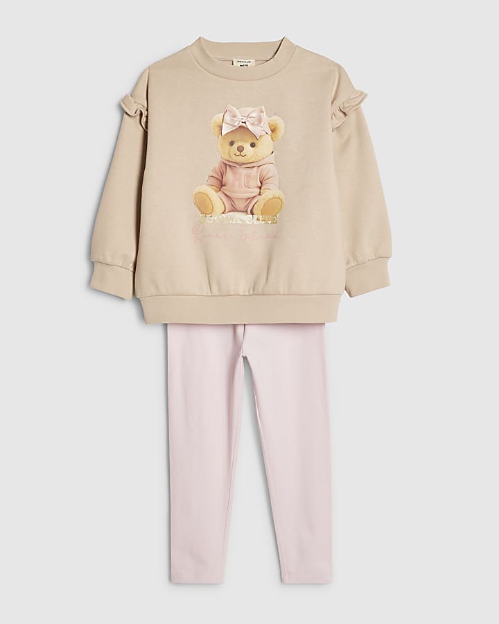 Mini Girls Beige Bow Hat Bear Sweatshirt Set