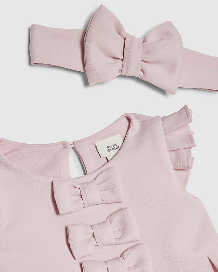 Baby Girls Pink Frill Sleeve Bow Dress Set