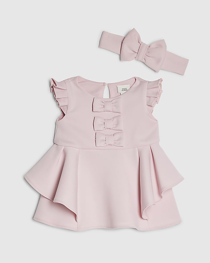 Baby Girls Pink Frill Sleeve Bow Dress Set