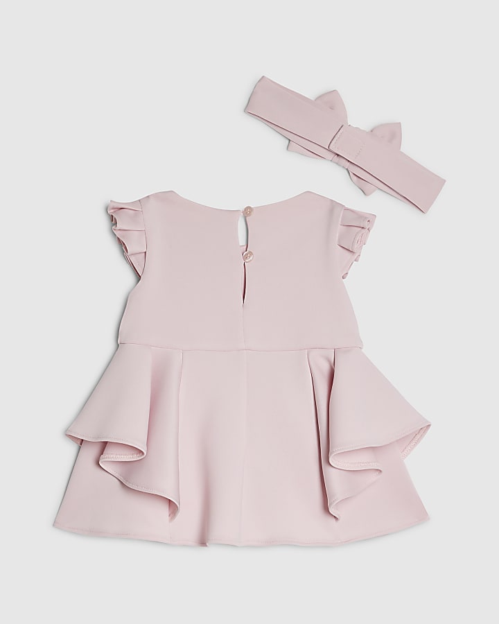 Baby Girls Pink Frill Sleeve Bow Dress Set