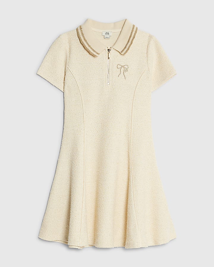 Girls Cream Boucle Bow Polo Dress