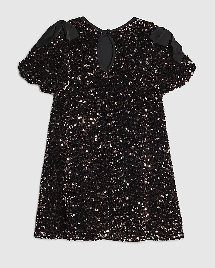 Girls Brown Sequin Bow Dress