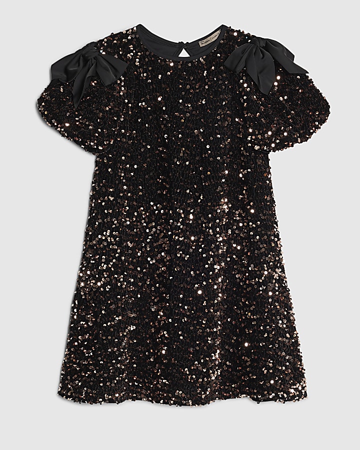 Girls Brown Sequin Bow Dress