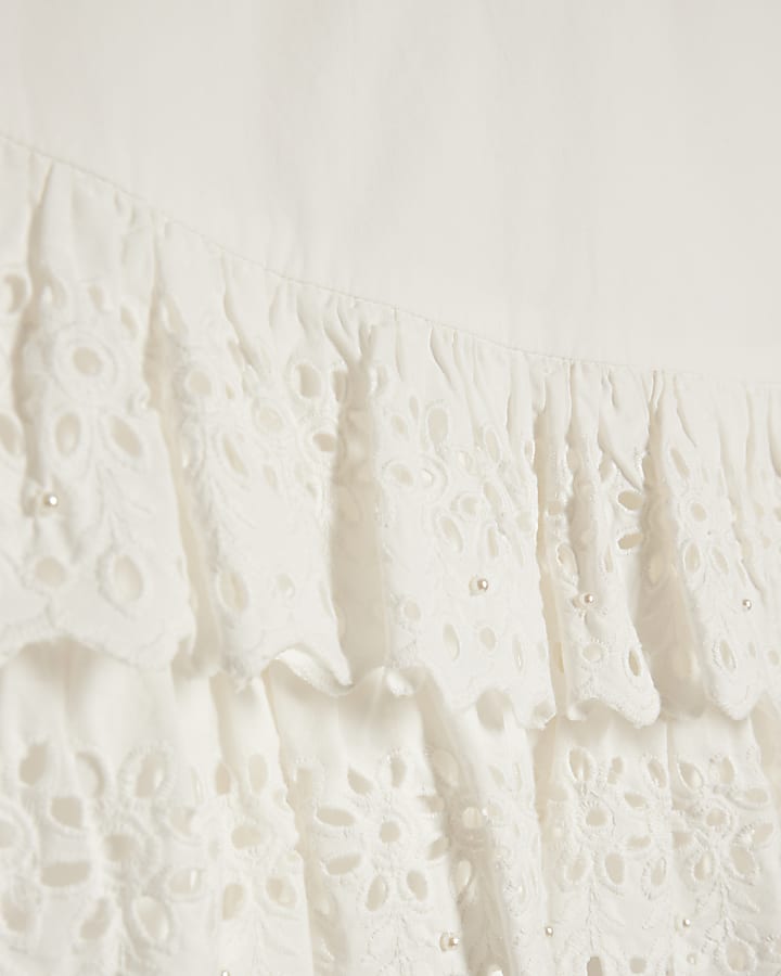 Girls White Broderie Hem Skirt Set