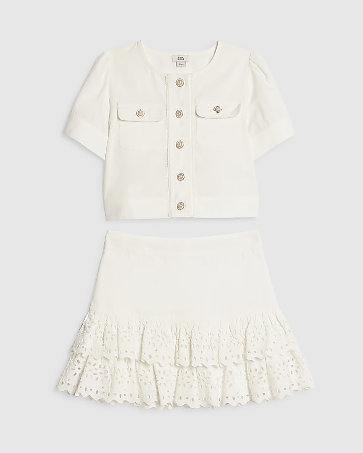 Girls White Broderie Hem Skirt Set