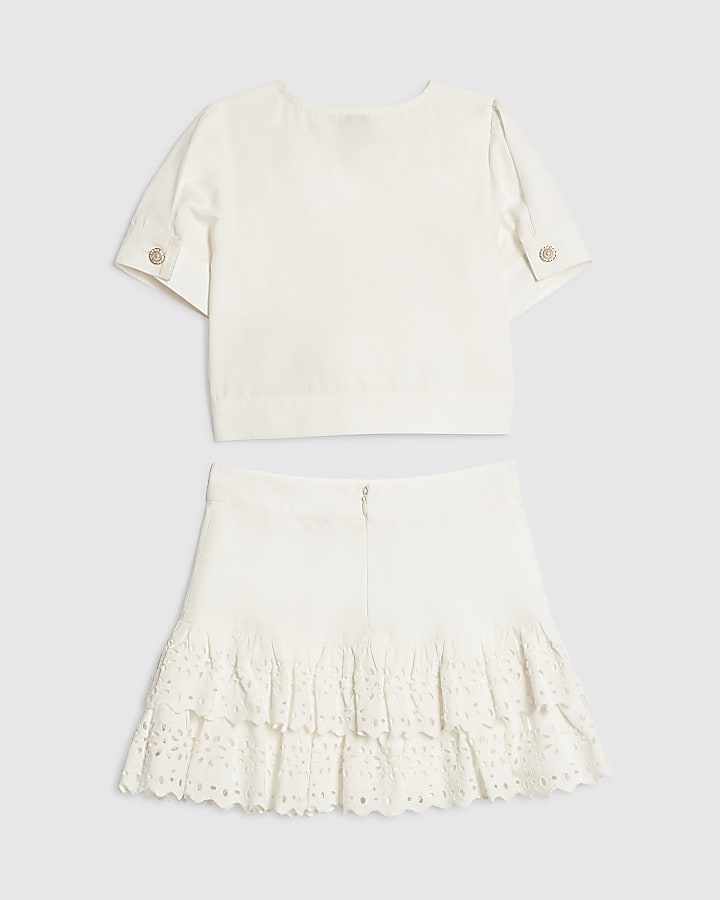 Girls White Broderie Hem Skirt Set