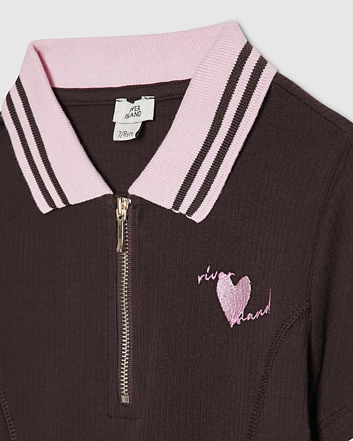 Girls Brown Ribbed Zip Polo Dress